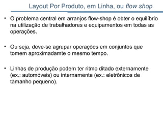 Layout Por Produto, em Linha, ou flow shop
• O problema central em arranjos flow-shop é obter o equilíbrio
na utilização de trabalhadores e equipamentos em todas as
operações.
• Ou seja, deve-se agrupar operações em conjuntos que
tomem aproximadamte o mesmo tempo.
• Linhas de produção podem ter ritmo ditado externamente
(ex.: automóveis) ou internamente (ex.: eletrônicos de
tamanho pequeno).
 