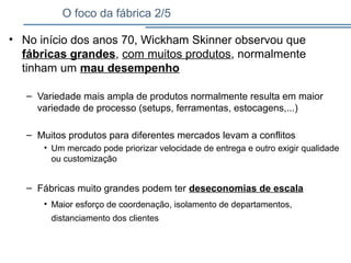 O foco da fábrica 2/5
• No início dos anos 70, Wickham Skinner observou que
fábricas grandes, com muitos produtos, normalmente
tinham um mau desempenho
– Variedade mais ampla de produtos normalmente resulta em maior
variedade de processo (setups, ferramentas, estocagens,...)
– Muitos produtos para diferentes mercados levam a conflitos
• Um mercado pode priorizar velocidade de entrega e outro exigir qualidade
ou customização
– Fábricas muito grandes podem ter deseconomias de escala
• Maior esforço de coordenação, isolamento de departamentos,
distanciamento dos clientes
 