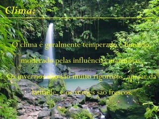 Clima:
O clima é geralmente temperado e húmido,
moderado pelas influências marítimas.
Os invernos não são muito rigorosos, apesar da
latitude, e os verões são frescos.
 