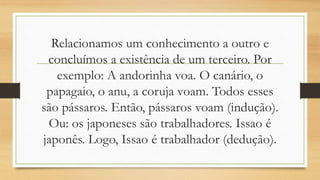 Relacionamos um conhecimento a outro e
concluímos a existência de um terceiro. Por
exemplo: A andorinha voa. O canário, o
papagaio, o anu, a coruja voam. Todos esses
são pássaros. Então, pássaros voam (indução).
Ou: os japoneses são trabalhadores. Issao é
japonês. Logo, Issao é trabalhador (dedução).
 