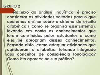 GRUPO 2
No eixo da análise linguística, é preciso
considerar as atividades voltadas para o que
queremos ensinar sobre o sistema de escrita
alfabética ( como se organiza esse sistema),
levando em conta os conhecimentos que
foram construídos pelos estudantes e como
eles se apropriam desses conhecimentos.
Pensado nisto, como adequar atividades que
consideram o alfabetizar letrando integrado
aos conceitos de consciência fonológica?
Como isto aparece na sua prática?

 