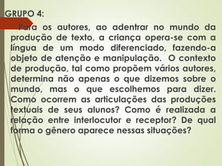 GRUPO 4:
Para os autores, ao adentrar no mundo da
produção de texto, a criança opera-se com a
língua de um modo diferenciado, fazendo-a
objeto de atenção e manipulação. O contexto
de produção, tal como propõem vários autores,
determina não apenas o que dizemos sobre o
mundo, mas o que escolhemos para dizer.
Como ocorrem as articulações das produções
textuais de seus alunos? Como é realizada a
relação entre interlocutor e receptor? De qual
forma o gênero aparece nessas situações?

 