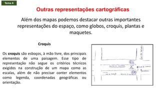 Tema 4
Croquis
Os croquis são esboços, à mão livre, dos principais
elementos de uma paisagem. Esse tipo de
representação não segue os critérios técnicos
exigidos na construção de um mapa como as
escalas, além de não precisar conter elementos
como legenda, coordenadas geográficas ou
orientação.
Outras representações cartográficas
Além dos mapas podemos destacar outras importantes
representações do espaço, como globos, croquis, plantas e
maquetes.
 