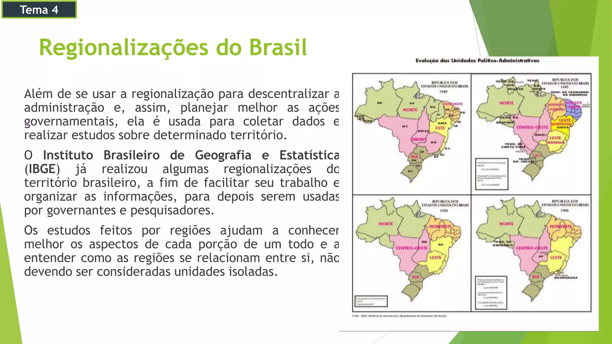Regionalizações do Brasil
Além de se usar a regionalização para descentralizar a
administração e, assim, planejar melhor as ações
governamentais, ela é usada para coletar dados e
realizar estudos sobre determinado território.
O Instituto Brasileiro de Geografia e Estatística
(IBGE) já realizou algumas regionalizações do
território brasileiro, a fim de facilitar seu trabalho e
organizar as informações, para depois serem usadas
por governantes e pesquisadores.
Os estudos feitos por regiões ajudam a conhecer
melhor os aspectos de cada porção de um todo e a
entender como as regiões se relacionam entre si, não
devendo ser consideradas unidades isoladas.
Tema 4
 