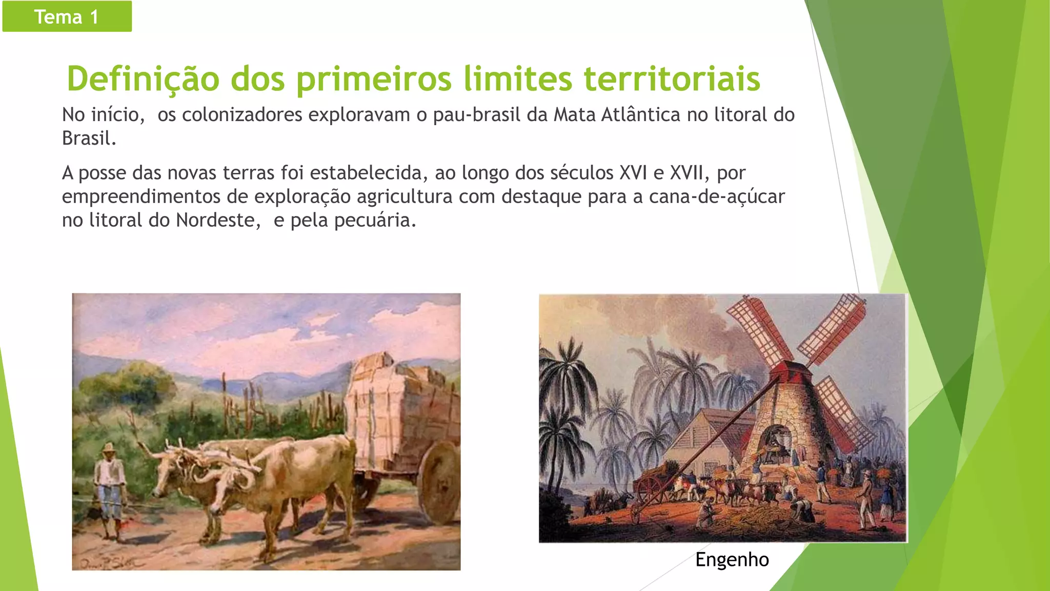Definição dos primeiros limites territoriais
No início, os colonizadores exploravam o pau-brasil da Mata Atlântica no litoral do
Brasil.
A posse das novas terras foi estabelecida, ao longo dos séculos XVI e XVII, por
empreendimentos de exploração agricultura com destaque para a cana-de-açúcar
no litoral do Nordeste, e pela pecuária.
Engenho
Tema 1
 
