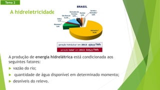 A hidreletricidade
A produção de energia hidrelétrica está condicionada aos
seguintes fatores:
 vazão do rio;
 quantidade de água disponível em determinado momento;
 desníveis do relevo.
Tema 2
 