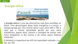 Energia eólica
A energia eólica é uma das alternativas mais bem-sucedidas no
Brasil. Uma desvantagem dessa fonte energética é o preço: a
energia gerada por uma central eólica custa entre 60% e 70% a
mais que a mesma quantidade gerada por uma usina
hidrelétrica. Apesar disso, oferece a vantagem de utilizar uma
força inesgotável (a dos ventos) e de causar pouco impacto
ambiental.
O Nordeste é responsável por 64% da capacidade instalada, e o
Sul, por 35%.
Tema 2
 