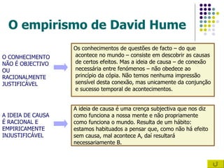 O empirismo de David Hume Os conhecimentos de questões de facto – do que acontece no mundo – consiste em descobrir as causas de certos efeitos. Mas a ideia de causa – de conexão necessária entre fenómenos – não obedece ao princípio da cópia. Não temos nenhuma impressão sensível desta conexão, mas unicamente da conjunção e sucesso temporal de acontecimentos. O CONHECIMENTO NÃO É OBJECTIVO OU RACIONALMENTE JUSTIFICÁVEL A ideia de causa é uma crença subjectiva que nos diz como funciona a nossa mente e não propriamente como funciona o mundo. Resulta de um hábito: estamos habituados a pensar que, como não há efeito  sem causa, mal acontece A, daí resultará necessariamente B. A IDEIA DE CAUSA É RACIONAL E EMPIRICAMENTE INJUSTIFICÁVEL 
