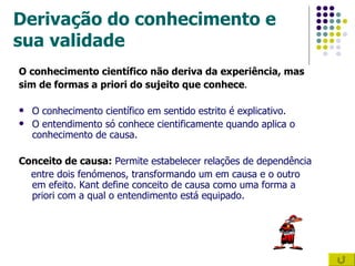 Derivação do conhecimento e sua validade O conhecimento científico não deriva da experiência, mas  sim de formas a priori do sujeito que conhece . O conhecimento científico em sentido estrito é explicativo. O entendimento só conhece cientificamente quando aplica o conhecimento de causa. Conceito de causa:   Permite estabelecer relações de dependência entre dois fenómenos, transformando um em causa e o outro em efeito. Kant define conceito de causa como uma forma a priori com a qual o entendimento está equipado. 