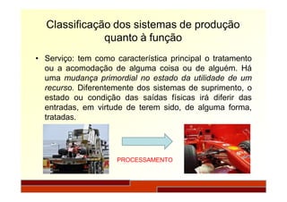 Classificação dos sistemas de produção
quanto à função
• Serviço: tem como característica principal o tratamento
ou a acomodação de alguma coisa ou de alguém. Há
uma mudança primordial no estado da utilidade de um
recurso. Diferentemente dos sistemas de suprimento, o
estado ou condição das saídas físicas irá diferir das
entradas, em virtude de terem sido, de alguma forma,
tratadas.
PROCESSAMENTO
 