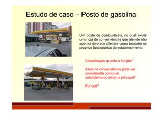 Estudo de caso – Posto de gasolina
Um posto de combustíveis, no qual existe
uma loja de conveniências que atende não
apenas diversos clientes como também os
próprios funcionários do estabelecimento.
Classificação quanto à função?
A loja de conveniências pode ser
considerada como um
subsistema do sistema principal?
Por quê?
 