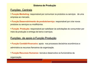Sistema de Produção
Funções Centrais
• Função Marketing: responsável por comunicar os produtos ou serviços de uma
empresa ao mercado.
• Função Desenvolvimento de produto/serviço: responsável por criar novos
produtos ou serviços ou modificá-los.
• Função Produção: responsável por satisfazer às solicitações do consumidor por
meio da produção e entrega de bens e serviços.
Funções de apoio à Função Produção
• Função Contábil-financeira: apoia nos processos decisórios econômicos e
administra os recursos fianceiros da organização.
• Função Recursos Humanos: recruta e desenvolve os funcionários da
organização.
 