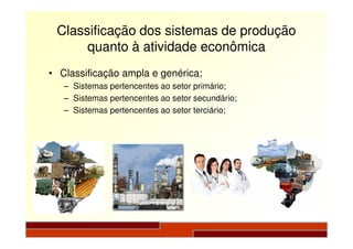 Classificação dos sistemas de produção
quanto à atividade econômica
• Classificação ampla e genérica;
– Sistemas pertencentes ao setor primário;
– Sistemas pertencentes ao setor secundário;
– Sistemas pertencentes ao setor terciário;
 