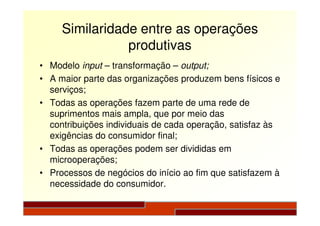 Similaridade entre as operações
produtivas
• Modelo input – transformação – output;
• A maior parte das organizações produzem bens físicos e
serviços;
• Todas as operações fazem parte de uma rede de
suprimentos mais ampla, que por meio dassuprimentos mais ampla, que por meio das
contribuições individuais de cada operação, satisfaz às
exigências do consumidor final;
• Todas as operações podem ser divididas em
microoperações;
• Processos de negócios do início ao fim que satisfazem à
necessidade do consumidor.
 