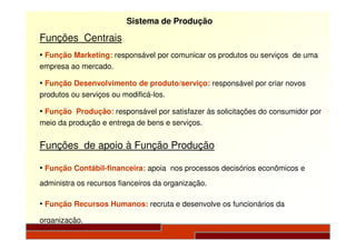 Sistema de Produção
Funções Centrais
• Função Marketing: responsável por comunicar os produtos ou serviços de uma
empresa ao mercado.
• Função Desenvolvimento de produto/serviço: responsável por criar novos
produtos ou serviços ou modificá-los.
• Função Produção: responsável por satisfazer às solicitações do consumidor por
meio da produção e entrega de bens e serviços.meio da produção e entrega de bens e serviços.
Funções de apoio à Função Produção
• Função Contábil-financeira: apoia nos processos decisórios econômicos e
administra os recursos fianceiros da organização.
• Função Recursos Humanos: recruta e desenvolve os funcionários da
organização.
 