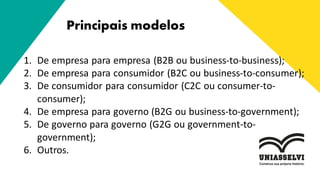 1. De empresa para empresa (B2B ou business-to-business);
2. De empresa para consumidor (B2C ou business-to-consumer);
3. De consumidor para consumidor (C2C ou consumer-to-
consumer);
4. De empresa para governo (B2G ou business-to-government);
5. De governo para governo (G2G ou government-to-
government);
6. Outros.
Principais modelos
 
