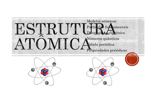 Modelos atômicos
Partículas fundamentais
Distribuição eletrônica
Números quânticos
Tabela periódica
Propriedades periódicas
 