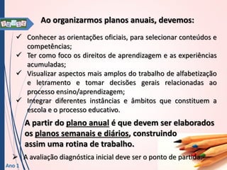 Ao organizarmos planos anuais, devemos:
 Conhecer as orientações oficiais, para selecionar conteúdos e
competências;
 Ter como foco os direitos de aprendizagem e as experiências
acumuladas;
 Visualizar aspectos mais amplos do trabalho de alfabetização
e letramento e tomar decisões gerais relacionadas ao
processo ensino/aprendizagem;
 Integrar diferentes instâncias e âmbitos que constituem a
escola e o processo educativo.

A partir do plano anual é que devem ser elaborados
os planos semanais e diários, construindo
assim uma rotina de trabalho.
 A avaliação diagnóstica inicial deve ser o ponto de partida.
Ano 1

 