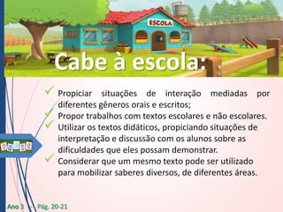 Cabe à escola:
 Propiciar




situações de interação mediadas por
diferentes gêneros orais e escritos;
Propor trabalhos com textos escolares e não escolares.
Utilizar os textos didáticos, propiciando situações de
interpretação e discussão com os alunos sobre as
dificuldades que eles possam demonstrar.
Considerar que um mesmo texto pode ser utilizado
para mobilizar saberes diversos, de diferentes áreas.

Ano 3 - Pág. 20-21

 