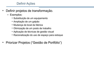 Definir Ações
• Definir projetos de transformação.
– Exemplos:
• Substituição de um equipamento
• Ampliação de um galpão
• Mudança de local da fábrica
• Otimização de um posto de trabalho
• Aplicação de técnicas de gestão visual
• Racionalização do uso de espaço para estoque
• Priorizar Projetos (“Gestão de Portfólio”)
 