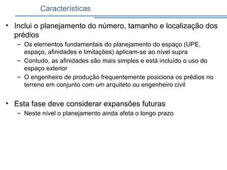 Características
• Inclui o planejamento do número, tamanho e localização dos
prédios
– Os elementos fundamentais do planejamento do espaço (UPE,
espaço, afinidades e limitações) aplicam-se ao nível supra
– Contudo, as afinidades são mais simples e está incluído o uso do
espaço exterior
– O engenheiro de produção frequentemente posiciona os prédios no
terreno em conjunto com um arquiteto ou engenheiro civil
• Esta fase deve considerar expansões futuras
– Neste nível o planejamento ainda afeta o longo prazo
 