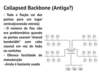 Collapsed Backbone (Antiga?)
- Toda a fiação vai das
pontas para um lugar
central(conexão estrela)
- O número de fios não
era problemático quando
as pontas usavam "shared
bandwidth" com cabo
coaxial em vez de hubs
ou switches
- Oferece facilidade de
manutenção
- Ainda é bastante usado
 