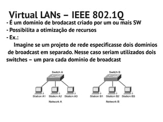 Virtual LANs – IEEE 802.1Q
- É um domínio de brodacast criado por um ou mais SW
- Possibilita a otimização de recursos
- Ex.:
    Imagine se um projeto de rede especificasse dois domínios
 de broadcast em separado. Nesse caso seriam utilizados dois
switches – um para cada domínio de broadcast
 