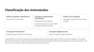 Classificação dos Aminoácidos
Alifáticos (apolares, hidrofóbicos)
Alanina, Glicina, Leucina, Valina
Aromáticos (relativamente
hidrofóbicos)
Fenilalanina, Tirosina, Triptofano
Característica: Absorvem luz UV a 280nm
(usado para identificar proteínas)
Polares, não carregados
Asparagina, Cisteína, Serina (mais solúveis
em água)
Carregados Positivamente
Arginina, Histidina, Lisina (básicos, hidrofílicos)
Carregados Negativamente
Aspartato, Glutamato (ácidos, hidrofílicos)
A classificação dos aminoácidos é baseada nas propriedades químicas da cadeia lateral (grupo R). Devido aos grupos carregados, os aminoácidos
possuem função tamponante. Quanto à classificação nutricional, existem aminoácidos essenciais (não sintetizados pelo corpo humano, devem vir da
dieta, como Lisina, Triptofano, Valina) e não essenciais (sintetizados pelo corpo).
 