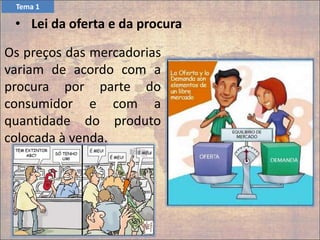 Os preços das mercadorias
variam de acordo com a
procura por parte do
consumidor e com a
quantidade do produto
colocada à venda.
• Lei da oferta e da procura
Tema 1
 