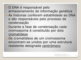  O DNA é responsável pelo
armazenamento de informação genética
 As histonas conferem estabilidade ao DNA
e são responsáv...