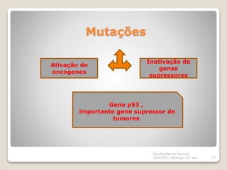 Mutações
Cláudia Barros Moreira
2020/2021 Biologia 12º ano 177
Ativação de
oncogenes
Inativação de
genes
supressores
Gene ...
