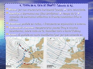 4. TEMPO DO O. PASO DE FRONTES (advección do O). Altura:  jet con traxectoria horizontal (zonal)    alta velocidade. Superficie:  Borrascas nas Illas Británicas    tempo do O    sucesión de borrascas atlánticas e frontes asociados fríos e cálidos. Estacións:  posible en todas, + frecuente en equinociais e inverno. Equinociais e inverno:  temperaturas suaves (Pm) e chuvias abundantes, sobre todo no O, diminúen cara o leste (foëhn). Verán:  só posible na costa cantábrica (por jet que ascende en latitude)       temperaturas e    chuvias. 