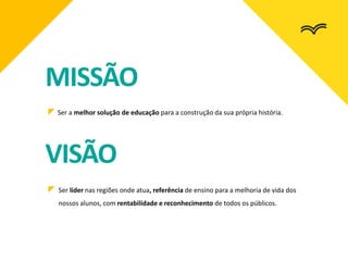 Ser a melhor solução de educação para a construção da sua própria história.
Ser líder nas regiões onde atua, referência de ensino para a melhoria de vida dos
nossos alunos, com rentabilidade e reconhecimento de todos os públicos.
MISSÃO
VISÃO
 