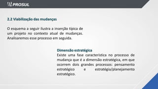 2.2 Viabilização das mudanças
O esquema a seguir ilustra a inserção típica de
um projeto no contexto atual de mudanças.
Analisaremos esse processo em seguida.
Dimensão estratégica
Existe uma fase característica no processo de
mudança que é a dimensão estratégica, em que
ocorrem dois grandes processos: pensamento
estratégico e estratégia/planejamento
estratégico.
 