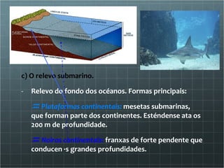 c) O relevo submarino. Relevo do fondo dos océanos. Formas principais:    Plataformas continentais:  mesetas submarinas, que forman parte dos continentes. Esténdense ata os 200 m de profundidade.    Noiros continentais:  franxas de forte pendente que conducen ás grandes profundidades. 
