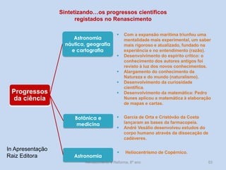 Renascimento e Reforma, 8º ano 
53 
Sintetizando…os progressos científicos 
registados no Renascimento 
Progressos da ciência 
Astronomia náutica, geografia e cartografia 
Botânica e medicina 
Astronomia 
Com a expansão marítima triunfou uma mentalidade mais experimental, um saber mais rigoroso e atualizado, fundado na experiência e no entendimento (razão). 
Desenvolvimento do espírito crítico: o conhecimento dos autores antigos foi revisto à luz dos novos conhecimentos. 
Alargamento do conhecimento da Natureza e do mundo (naturalismo). 
Desenvolvimento da curiosidade científica. 
Desenvolvimento da matemática: Pedro Nunes aplicou a matemática à elaboração de mapas e cartas. 
 Heliocentrismo de Copérnico. 
Garcia de Orta e Cristóvão da Costa lançaram as bases da farmacopeia. 
André Vesálio desenvolveu estudos do corpo humano através da dissecação de cadáveres. 
In Apresentação Raiz Editora  