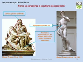 Renascimento e Reforma, 8º ano 
70 
Construção em pirâmide 
Miguel Ângelo, Pietà, 1499. 
Representação do nu 
Realismo: representação do detalhe (músculos, veias, dobras do vestuário) 
Miguel Ângelo, David, 1501-04. 
In Apresentação Raiz Editora 
Como se caracteriza a escultura renascentista?  