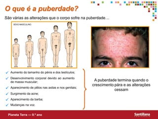 O que é a puberdade?
São várias as alterações que o corpo sofre na puberdade…
      SEXO MASCULINO




   Aumento do tamanho do pénis e dos testículos;

   Desenvolvimento corporal devido ao aumento
                                                        A puberdade termina quando o
    de massa muscular;
                                                       crescimento pára e as alterações
   Aparecimento de pêlos nas axilas e nos genitais;
                                                                   cessam
   Surgimento da acne;

   Aparecimento da barba;

   Mudanças na voz.


 Planeta Terra — 9.º ano
 