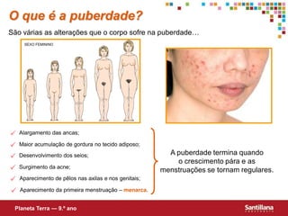 O que é a puberdade?
São várias as alterações que o corpo sofre na puberdade…
      SEXO FEMININO




   Alargamento das ancas;

   Maior acumulação de gordura no tecido adiposo;
                                                         A puberdade termina quando
   Desenvolvimento dos seios;
                                                           o crescimento pára e as
   Surgimento da acne;
                                                       menstruações se tornam regulares.
   Aparecimento de pêlos nas axilas e nos genitais;

   Aparecimento da primeira menstruação – menarca.


 Planeta Terra — 9.º ano
 