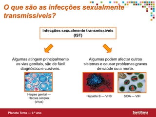 O que são as infecções sexualmente
transmissíveis?

                           Infecções sexualmente transmissíveis
                                           (IST)




   Algumas atingem principalmente                 Algumas podem afectar outros
     as vias genitais, são de fácil            sistemas e causar problemas graves
       diagnóstico e curáveis.                        de saúde ou a morte.




              Herpes genital —
                                                 Hepatite B — VHB   SIDA — VIH
               Herpes simplex
                   (vírus)


 Planeta Terra — 9.º ano
 
