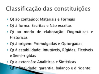 Qt ao conteúdo: Materiais e Formais Qt à forma: Escritas e Não escritas Qt ao modo de elaboração: Dogmáticas e Históricas Qt à origem: Promulgadas e Outorgadas Qt à estabilidade: Imutáveis, Rígidas, Flexíveis e Semi-rigidas Qt a extensão: Analíticas e Sintéticas Qt a finalidade: garantia, balanço e dirigente. 