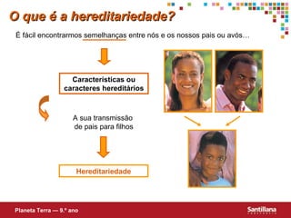 O que é a hereditariedade?O que é a hereditariedade?
É fácil encontrarmos semelhanças entre nós e os nossos pais ou avós…
Características ou
caracteres hereditários
A sua transmissão
de pais para filhos
Hereditariedade
Planeta Terra — 9.º ano
 