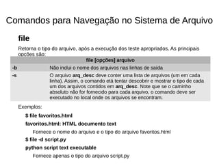 Comandos para Navegação no Sistema de Arquivo
file
Retorna o tipo do arquivo, após a execução dos teste apropriados. As principais
opções são:
Exemplos:
$ file favoritos.html
favoritos.html: HTML documento text
Fornece o nome do arquivo e o tipo do arquivo favoritos.html
$ file -d script.py
python script text executable
Fornece apenas o tipo do arquivo script.py
file [opções] arquivo
-b Não inclui o nome dos arquivos nas linhas de saída
-s O arquivo arq_desc deve conter uma lista de arquivos (um em cada
linha). Assim, o comando etá tentar descobrir e mostrar o tipo de cada
um dos arquivos contidos em arq_desc. Note que se o caminho
absoluto não for fornecido para cada arquivo, o comando deve ser
executado no local onde os arquivos se encontram.
 
