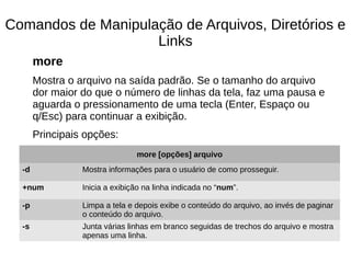 Comandos de Manipulação de Arquivos, Diretórios e
Links
more
Mostra o arquivo na saída padrão. Se o tamanho do arquivo
dor maior do que o número de linhas da tela, faz uma pausa e
aguarda o pressionamento de uma tecla (Enter, Espaço ou
q/Esc) para continuar a exibição.
Principais opções:
more [opções] arquivo
-d Mostra informações para o usuário de como prosseguir.
+num Inicia a exibição na linha indicada no “num”.
-p Limpa a tela e depois exibe o conteúdo do arquivo, ao invés de paginar
o conteúdo do arquivo.
-s Junta várias linhas em branco seguidas de trechos do arquivo e mostra
apenas uma linha.
 