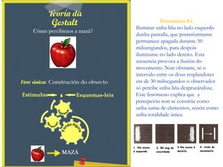 Experimento:
Fenómeno Fi.
Iluminar unha liña no lado esquerdo
dunha pantalla, que posteriormente
permanece apagada durante 50
milisengundos, para despois
iluminarse no lado dereito. Esta
secuencia provoca a ilusión do
movemento. Non obstante, se o
intervalo entre os dous resplandores
era de 30 milisegundos o observador
só percibe unha liña desprazándose.
Este fenómeno explica que a
percepción non se constrúe como
unha suma de elementos, senón como
unha totalidade única.
 