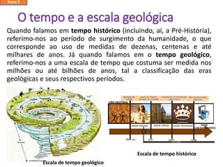 O tempo e a escala geológica
Quando falamos em tempo histórico (incluindo, aí, a Pré-História),
referimo-nos ao período de surgimento da humanidade, o que
corresponde ao uso de medidas de dezenas, centenas e até
milhares de anos. Já quando falamos em o tempo geológico,
referimo-nos a uma escala de tempo que costuma ser medida nos
milhões ou até bilhões de anos, tal a classificação das eras
geológicas e seus respectivos períodos.
Tema 2
Escala de tempo histórico
Escala de tempo geológico
 