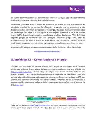 no sistema de informação que usa a Internet para funcionar. Ou seja, a Web é basicamente uma
das formas possíveis de comunicação através da Internet.
Atualmente, já existem quase 3 bilhões de internautas no mundo, ou seja, quase metade da
população mundial. Os progressos da informática, associados aos do audiovisual e das
telecomunicações, permitiram a criação de novos serviços. Depois do desenvolvimento de redes
de banda larga com fio (ADSL e fibra óptica) e sem fio (wifi, Bluethooth e 3G), e da internet
móvel (WAP), desenvolveram-se outras tecnologias e produtos da chamada “Web 2.0”. Essa
segunda geração se caracteriza por suas aplicações interativas (blogs, wikis, sites de
compartilhamento de fotos e vídeos ou redes sociais), que renovaram a relação entre os
usuários e os serviços de internet, criando o princípio de uma cultura compartilhada em rede.
A apresentação, a seguir, conta em mais detalhes a evolução da Internet até os dias de hoje
Evolução da internet até a Internet 2.0
Subunidade 3.3 – Como funciona a Internet
Todos os sites disponíveis na Internet têm um ponto de partida, uma página inicial. Quando
digitamos o endereço de uma página da Web em nosso navegador, ou seja, uma URL, do tipo
http://www.nead.ufsj.edu.br, estamos indo para a página inicial do site solicitado. Cada site tem
sua URL específica. Essa URL (do inglês UniformResourceLocator) é um identificador único que
permite a Web identificar cada página existente unicamente. O processo é análogo ao CPF, que
usamos para identificar unicamente cada pessoa no Brasil. O formato da URL é padronizado e
segue o modelo apresentado na figura abaixo. Para maiores informações sobre o formato da
URL, clique aqui.
Toda vez que digitamos http://www.nead.ufsj.edu.br em nosso navegador, iremos para o mesmo
site! A partir desta página inicial, há links (ligações) para outras páginas diversas. Estes links
 