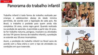 Panorama do trabalho infantil
Trabalho infantil é toda forma de trabalho realizado por
crianças e adolescentes abaixo da idade mínima
permitida, de acordo com a legislação de cada país. No
Brasil, o trabalho é proibido para quem ainda não
completou 16 anos, como regra geral. Quando realizado
na condição de aprendiz, é permitido a partir dos 14 anos.
Se for trabalho noturno, perigoso, insalubre ou atividades
da lista TIP (piores formas de trabalho infantil), a proibição
se estende aos 18 anos incompletos.
Assim, a proibição do trabalho infantil no Brasil varia de
acordo com a faixa etária e com o tipo de atividades ou
condições em que é exercido.
Tema 4
 