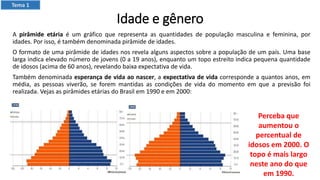 Idade e gênero
A pirâmide etária é um gráfico que representa as quantidades de população masculina e feminina, por
idades. Por isso, é também denominada pirâmide de idades.
O formato de uma pirâmide de idades nos revela alguns aspectos sobre a população de um país. Uma base
larga indica elevado número de jovens (0 a 19 anos), enquanto um topo estreito indica pequena quantidade
de idosos (acima de 60 anos), revelando baixa expectativa de vida.
Também denominada esperança de vida ao nascer, a expectativa de vida corresponde a quantos anos, em
média, as pessoas viverão, se forem mantidas as condições de vida do momento em que a previsão foi
realizada. Vejas as pirâmides etárias do Brasil em 1990 e em 2000:
Perceba que
aumentou o
percentual de
idosos em 2000. O
topo é mais largo
neste ano do que
em 1990.
Tema 1
 