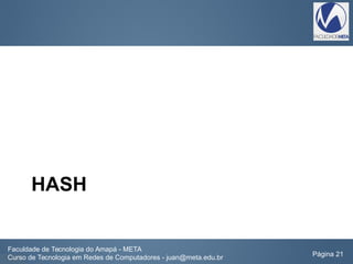 HASH
Faculdade de Tecnologia do Amapá - META
Curso de Tecnologia em Redes de Computadores - juan@meta.edu.br Página 21
 